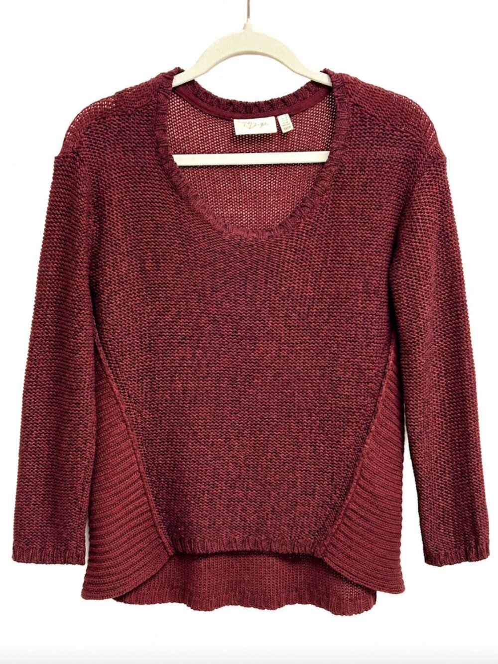 RD Style Burgundy Oversized Slouchy Boho Scoop High Low Ribbed Knit Sweater S